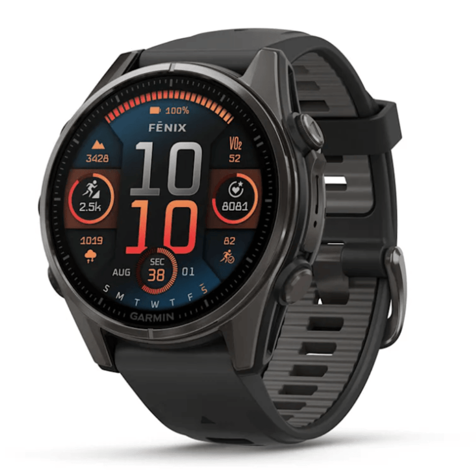 Relógio Garmin Fenix 8s Safira Carbon Gray Dlc Titânio 43mm- Pulseira de Silicone Preta/Cinza