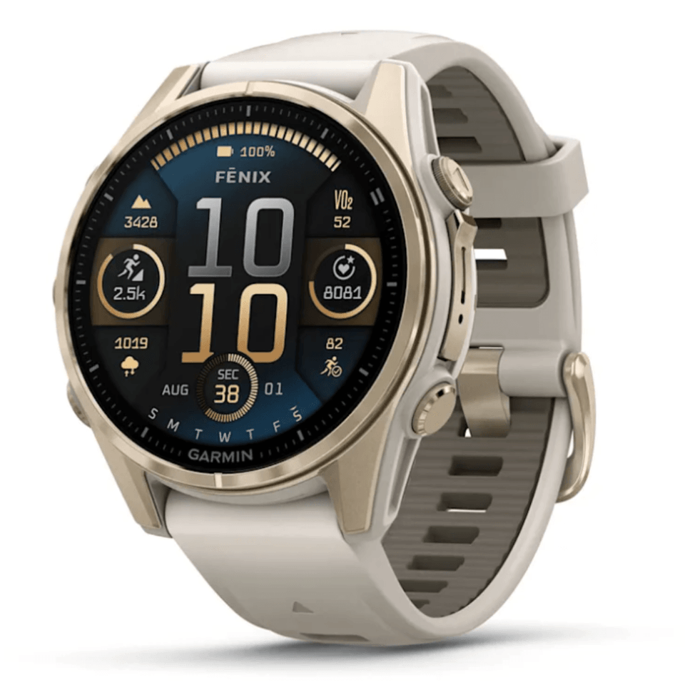 Relógio Garmin Fenix 8s Safira 43mm - Pulseira de Silicone Cinza/Arenito