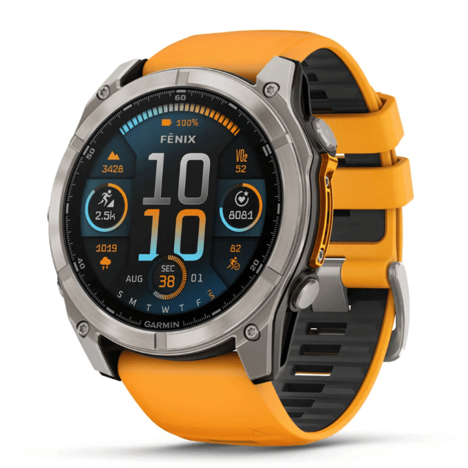 Relógio Garmin Fenix 8x Safira Titânio 51mm–pulseira de Silicone Laranja/Grafite