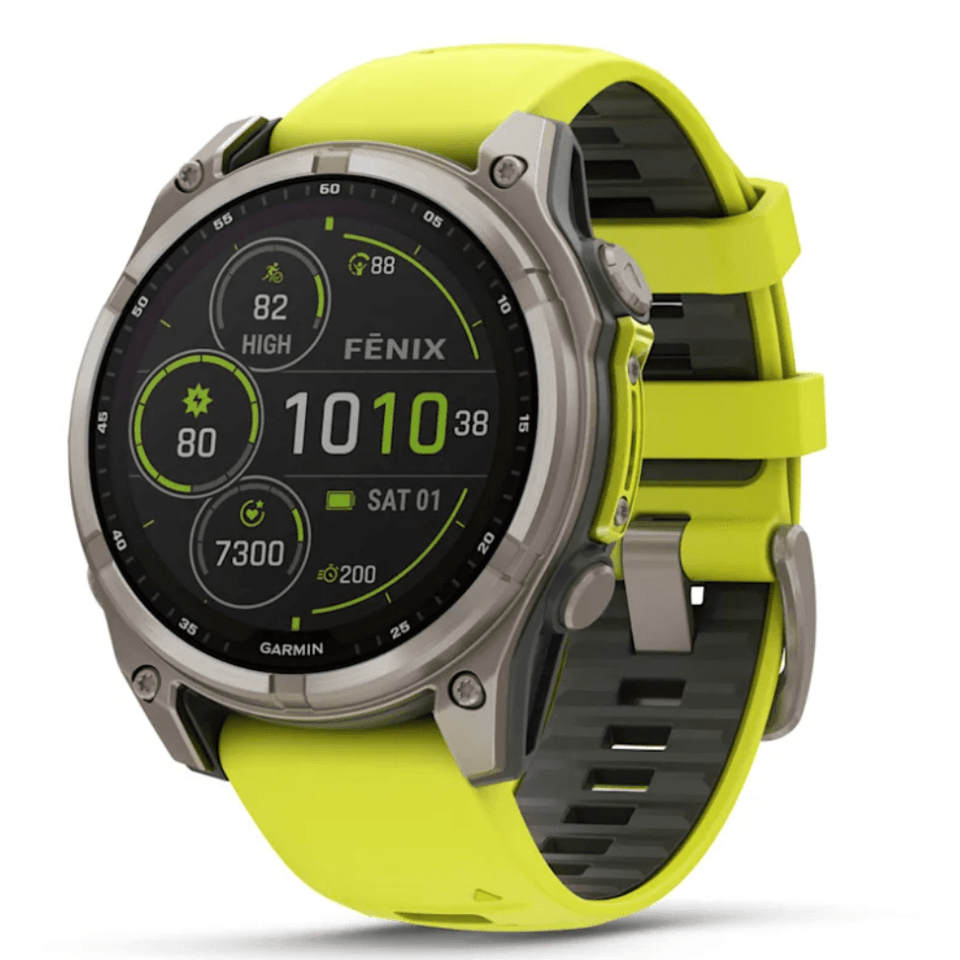 Relógio Garmin Fenix 8 Safira Solar Titânio 47mm – Pulseira de Silicone Amarelo/Grafite
